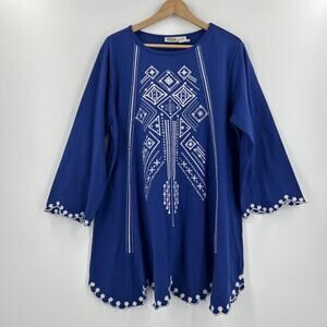Vintage Collections Etc Embroidered Tunic Womens Size XL Blue Cotton Hippie Boho